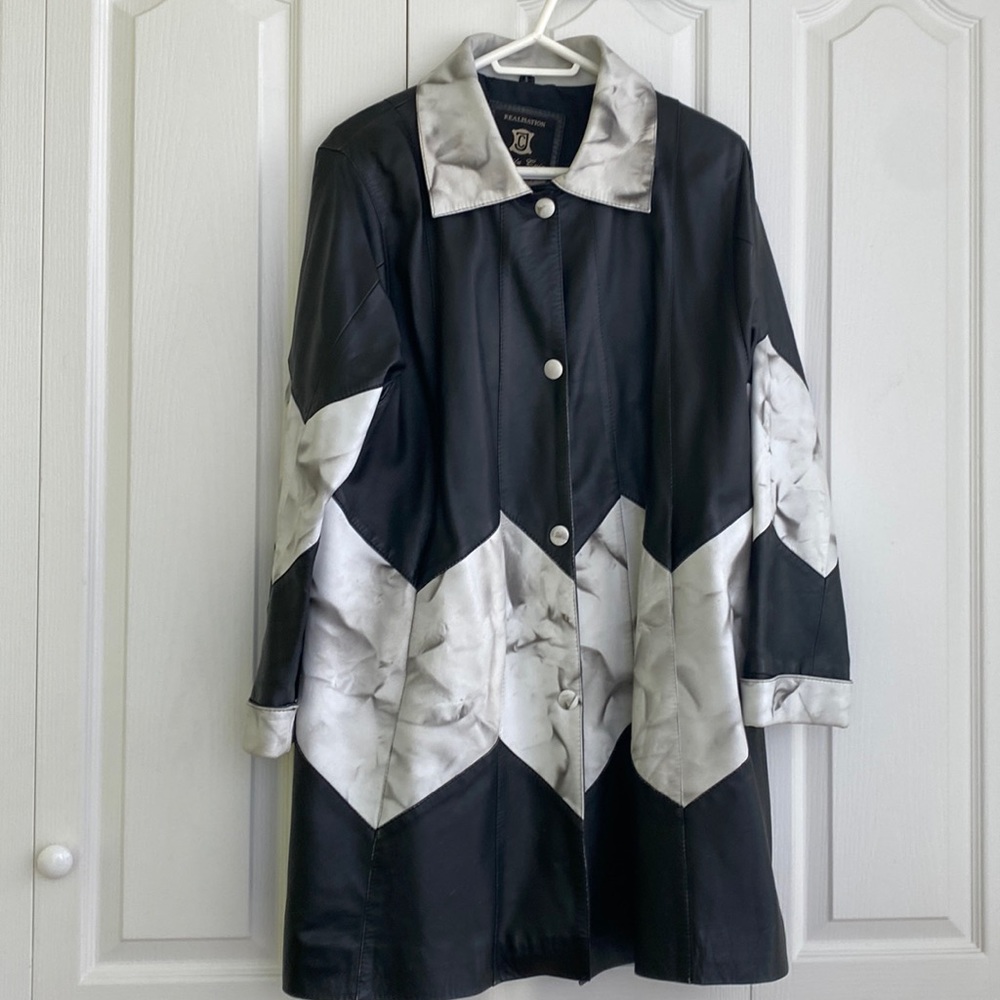 Leather Black and White Oversized Coat, Size L 🔥🔥
